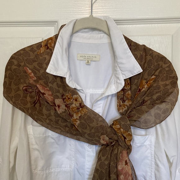 Coach Scarf Signature C Brown Neutral Pink Mauve Gold Wildflower Floral Bouquets - Picture 3 of 13